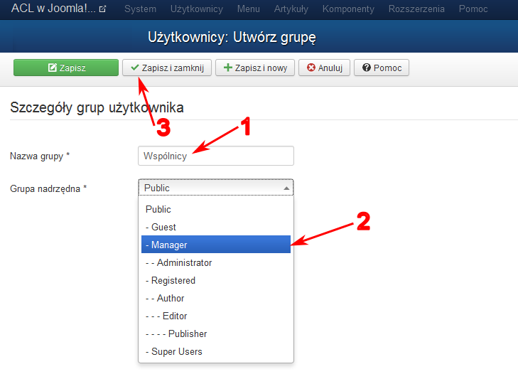 Tworzenie nowej grupy użytkowników w Joomla! 3.1.5