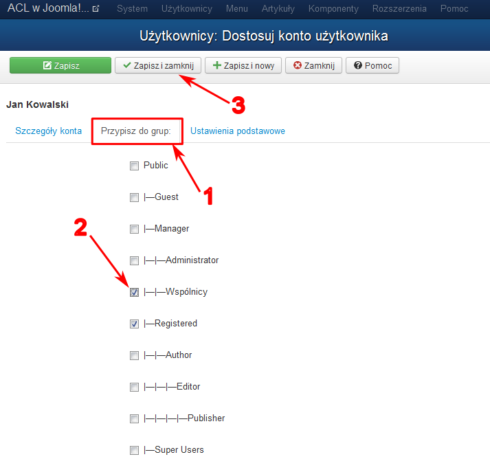 Przypisanie użytkownika do grup w Joomla! 3.1.5